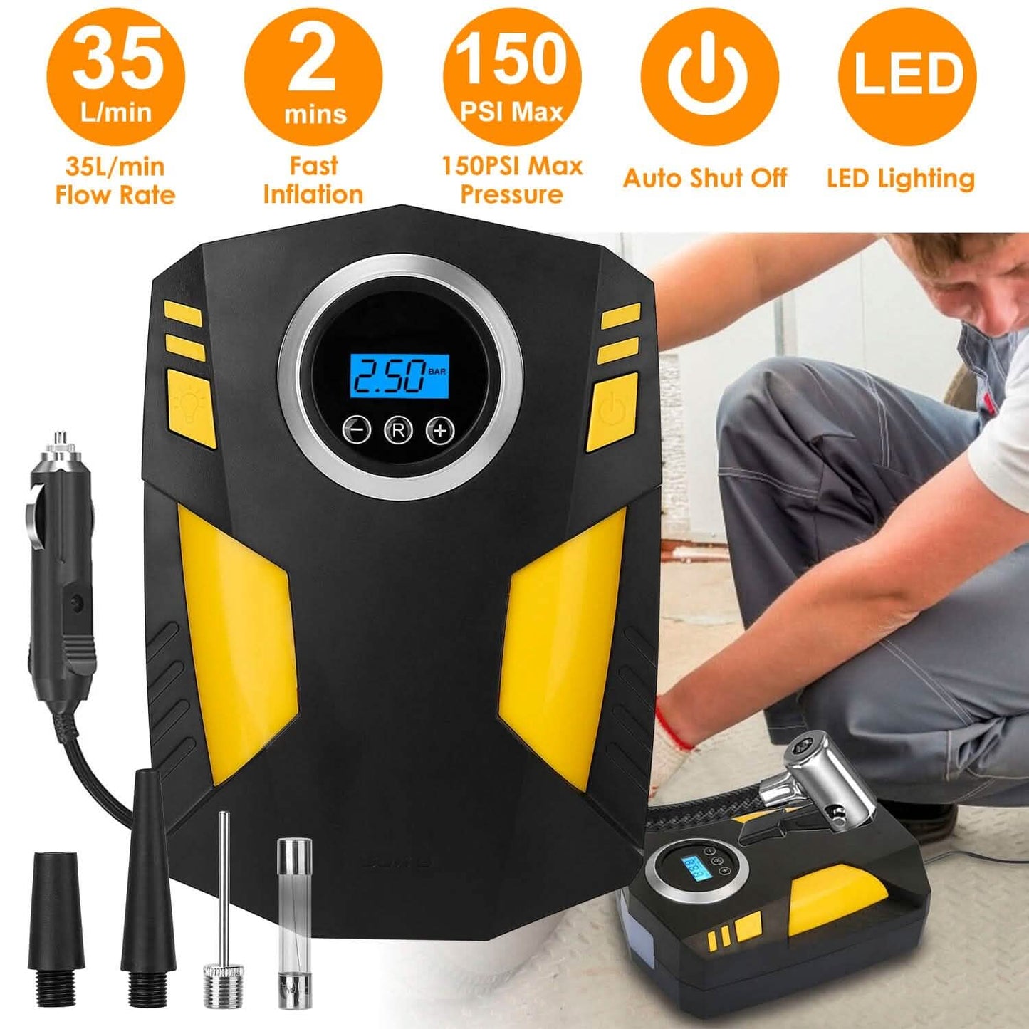 12V Digital Car Air Pump Compressor with LED Light 150 PSI