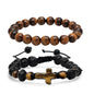 2-Piece Set: Men's Tiger Eye and Black Beads/Tiger Eye Cross Drawstring Bracelets