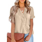 Women's Casual Lace Pom Pom V Neck Chiffon Short Sleeve Top