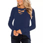 Women's Casual Long Sleeve T-Shirt Criss Cross V-Neck Basic Tees Tops