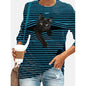 Women's Halloween Tunic T shirt Striped Cat 3D Cartoon Long Sleeve Print Round Neck