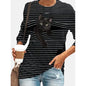 Women's Halloween Tunic T shirt Striped Cat 3D Cartoon Long Sleeve Print Round Neck