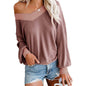 Women's V Neck Long Sleeve Waffle Knit Top Off Shoulder Oversized Pullover Sweater