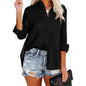 Women's V Neck Satin Embossed Roll Up Cuff Button Shirt Top