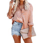 Women's V Neck Satin Embossed Roll Up Cuff Button Shirt Top