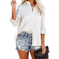 Women's V Neck Satin Embossed Roll Up Cuff Button Shirt Top
