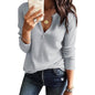 Women's V Neck Waffle Knit Henley Tops
